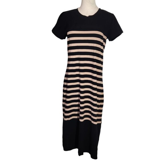 J. Crew Black & Beige Striped Midi Dress Short Sleeve Cotton Womens Size M - Picture 5 of 16